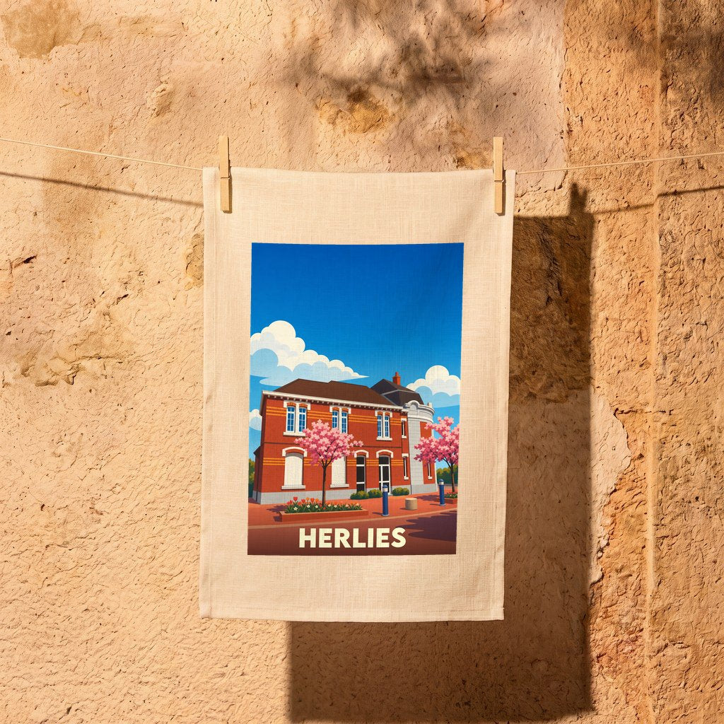 Torchon souvenir de la ville de Herlies illustré par un dessin stylisé d'un bâtiment en briques rouges.