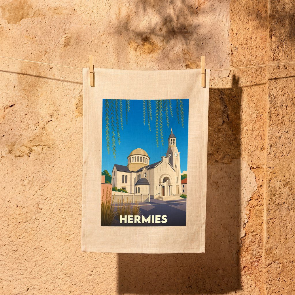 Torchon souvenir de la ville de Hermies illustré d'un dessin stylisé de son église.