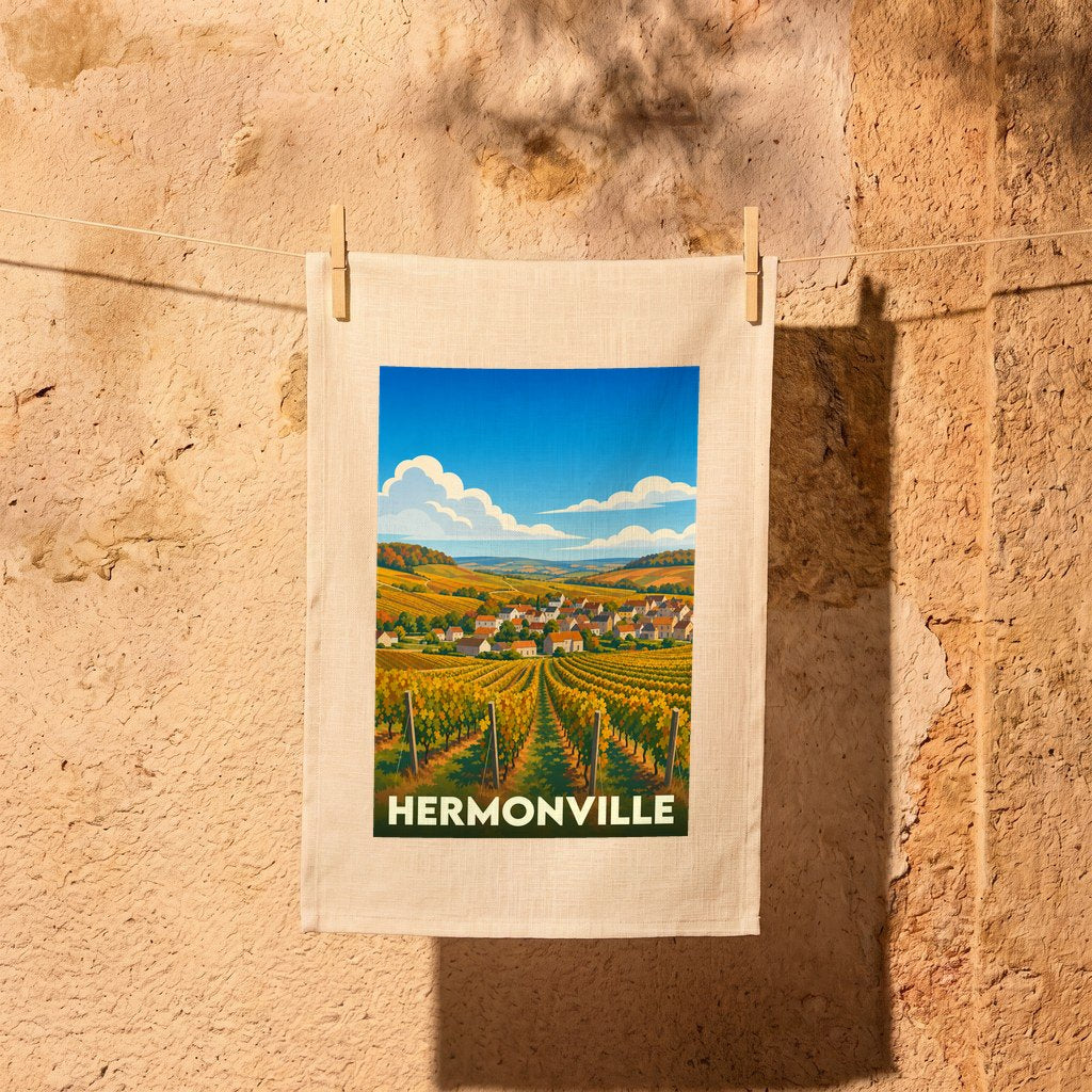 Torchon souvenir de la ville de Hermonville avec une illustration stylisée d'un paysage de vignobles.