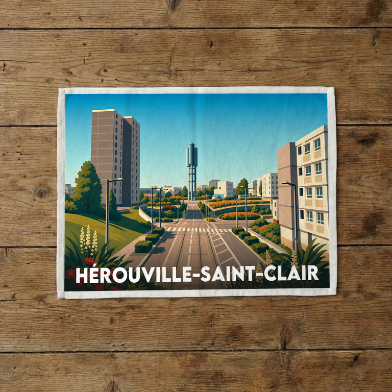 Torchon souvenir de la ville de Hérouville-Saint-Clair avec une illustration stylisée.