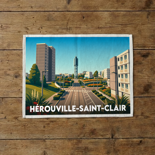 Torchon souvenir de la ville de Hérouville-Saint-Clair avec une illustration stylisée.