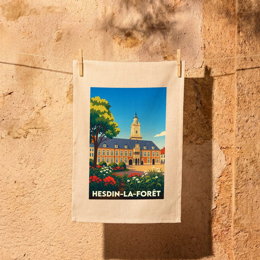 Torchon souvenir de la ville de Hesdin-la-Forêt avec une illustration stylisée de son hôtel de ville.