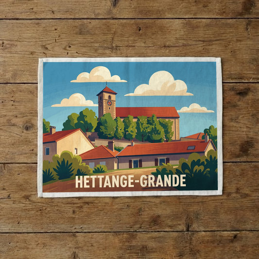 Torchon souvenir de la ville de Hettange-Grande avec une illustration stylisée.