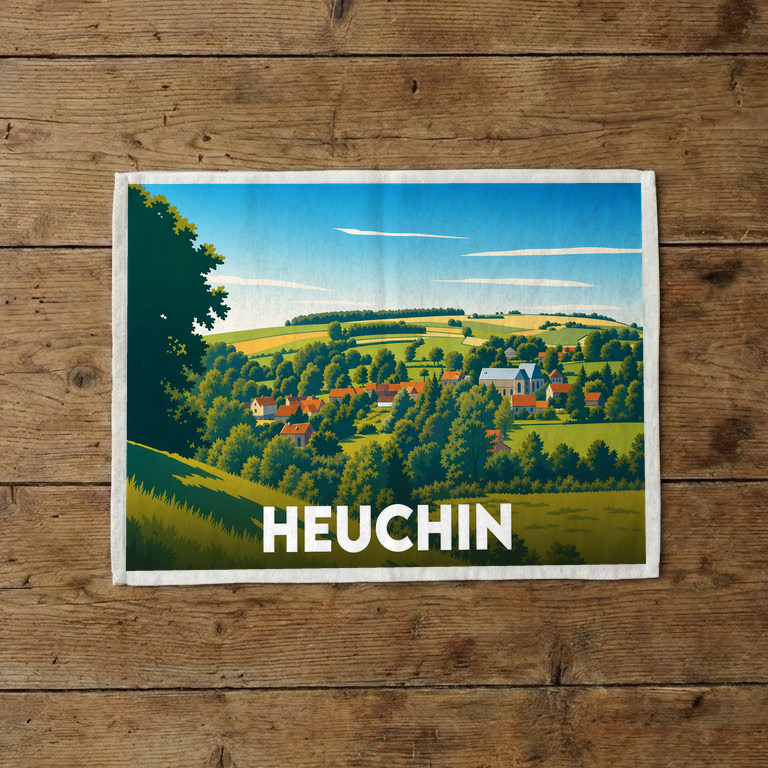 Torchon souvenir de la ville de Heuchin avec une illustration de paysage champêtre stylisée.