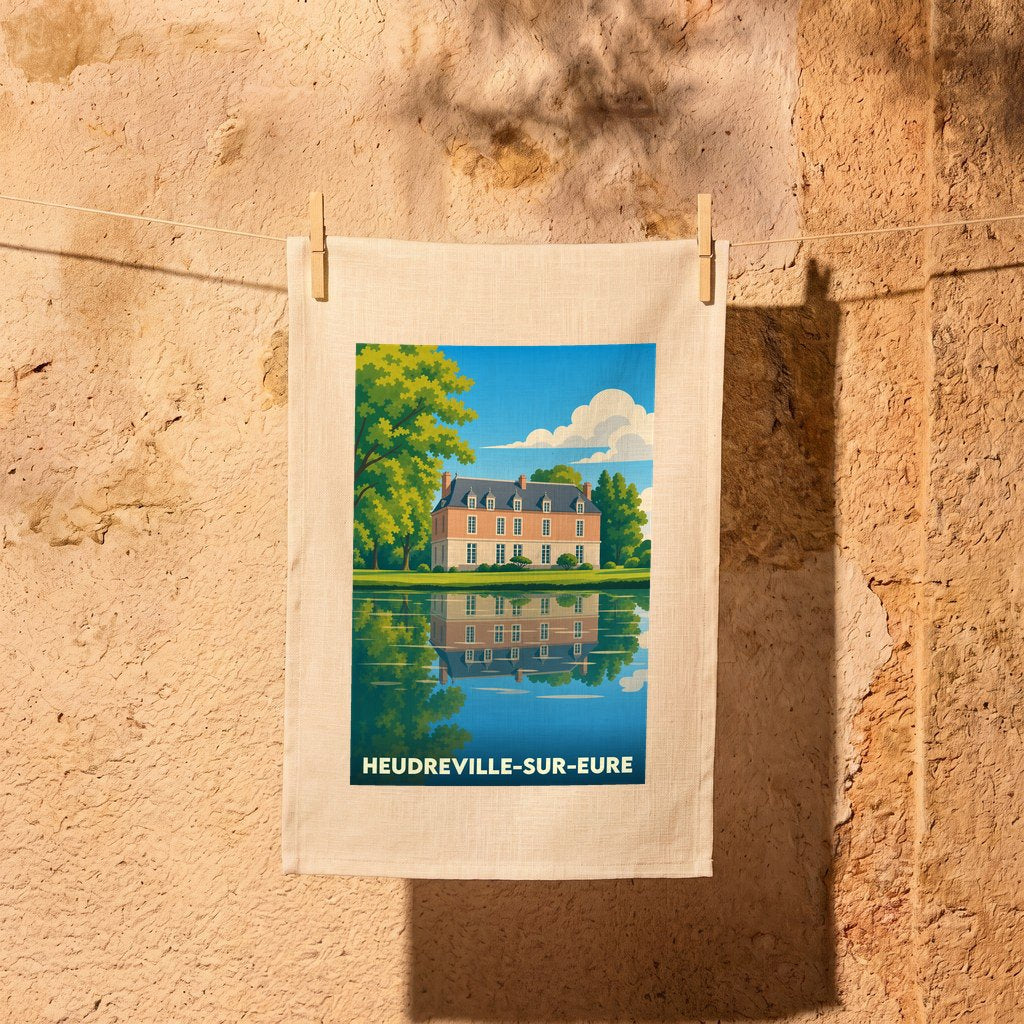 Torchon souvenir de la ville de Heudreville-sur-Eure avec une illustration stylisée de son château se reflétant dans l'eau.
