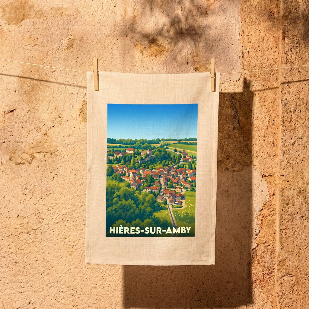 Torchon souvenir de la ville de Hières-sur-Amby avec une illustration stylisée du village.