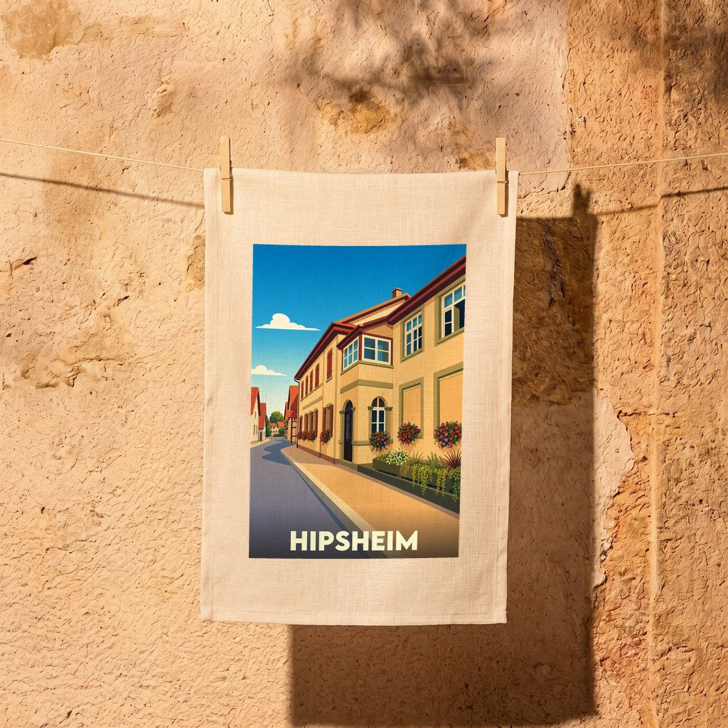 Torchon souvenir de la ville de Hipsheim avec une illustration stylisée.