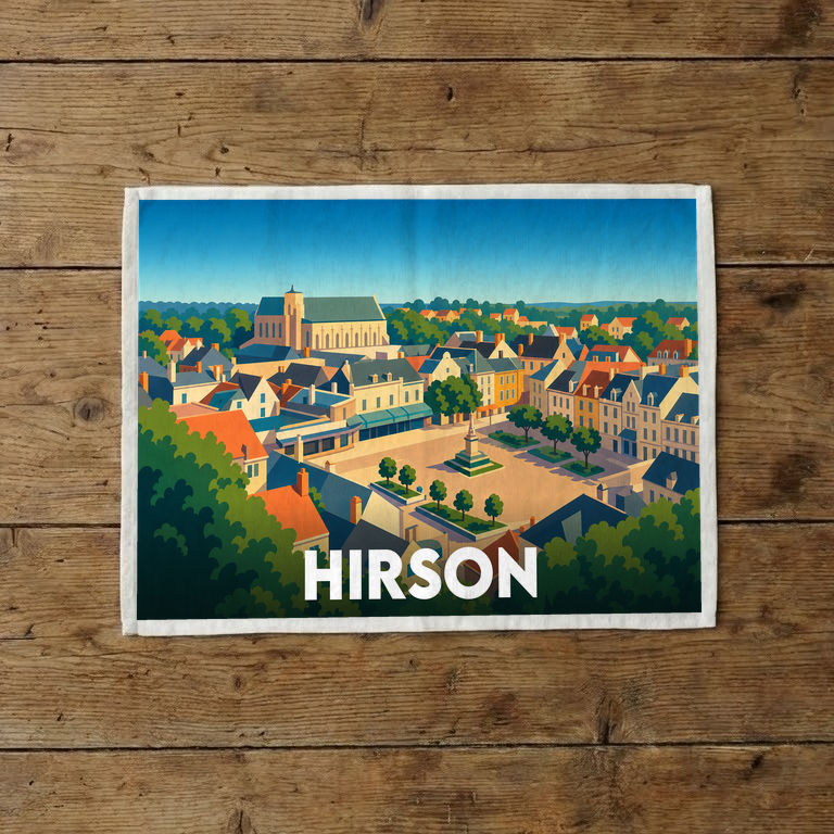 Torchon souvenir de la ville de Hirson avec une illustration stylisée d'une place ensoleillée.