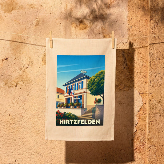 Torchon de cuisine souvenir de la ville de Hirtzfelden illustré par un dessin stylisé de sa mairie.