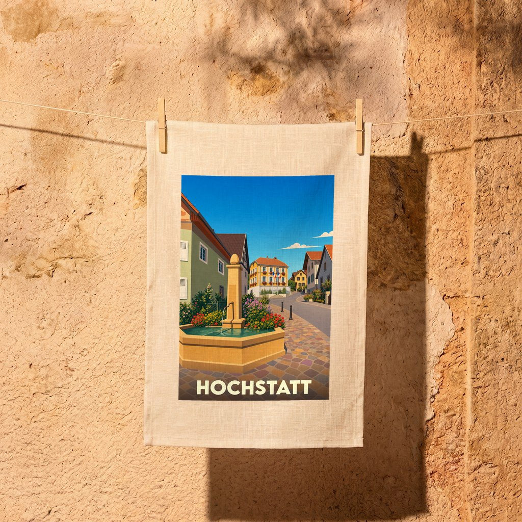 Torchon souvenir de la ville de Hochstatt avec une illustration stylisée.