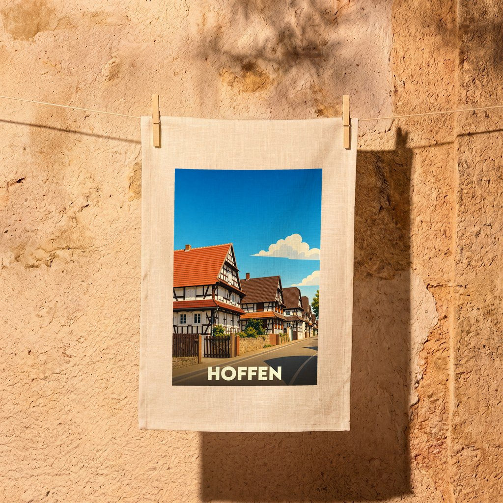 Torchon souvenir de la ville de Hoffen avec une illustration stylisée de maisons à colombages.