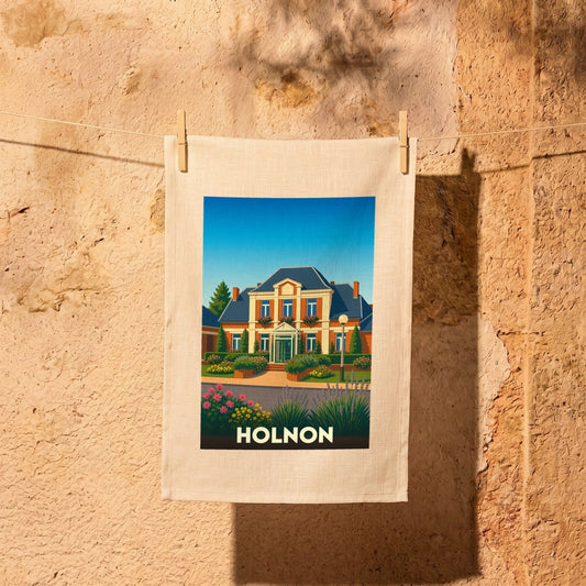 Torchon souvenir de la ville de Holnon avec une illustration stylisée d'un bâtiment remarquable.