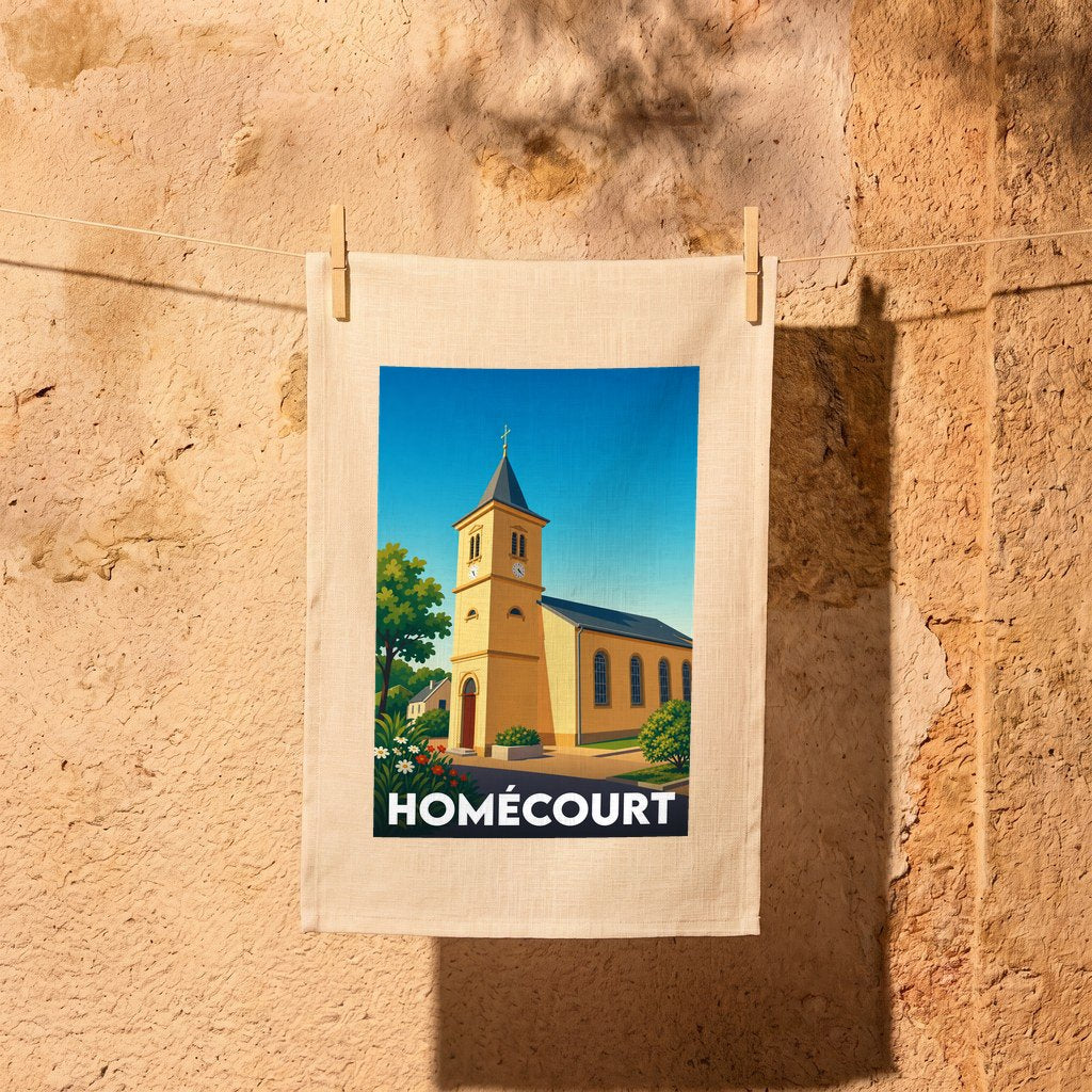 Torchon souvenir de la ville de Homécourt avec une illustration stylisée d'une église.
