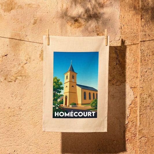 Torchon souvenir de la ville de Homécourt avec une illustration stylisée d'une église.