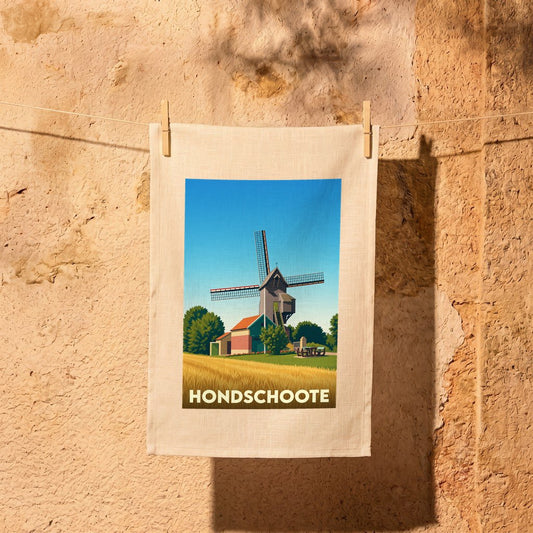 Torchon souvenir de la ville de Hondschoote avec une illustration stylisée représentant un moulin.