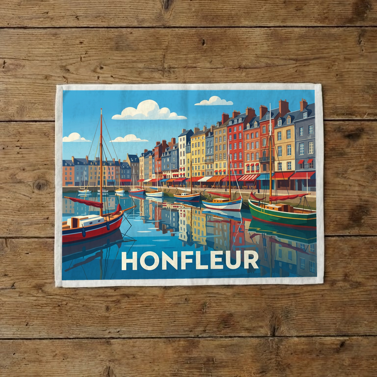 Torchon souvenir de la ville de Honfleur avec une illustration stylisée de son port.