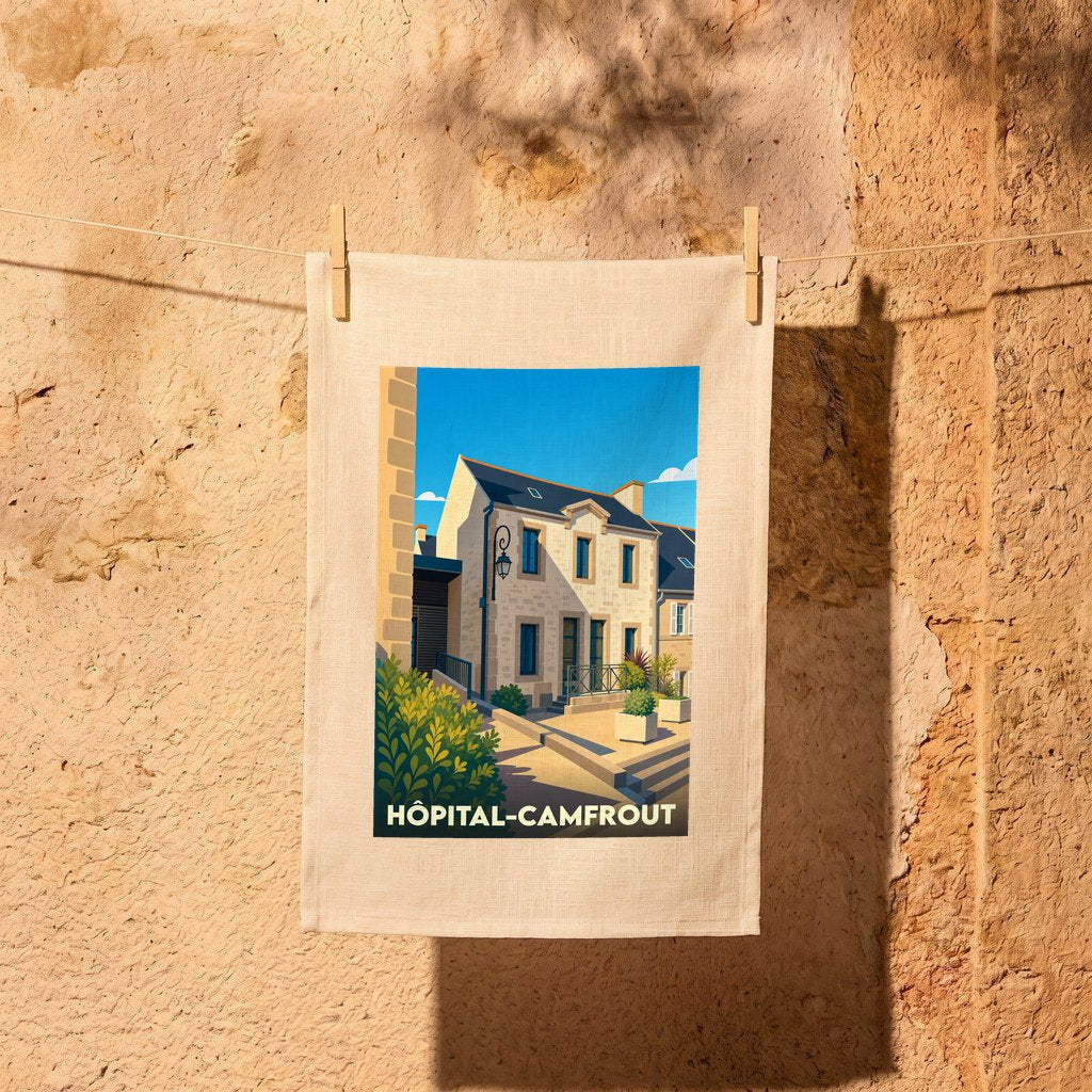 Torchon souvenir de la ville de Hôpital-Camfrout avec une illustration stylisée.