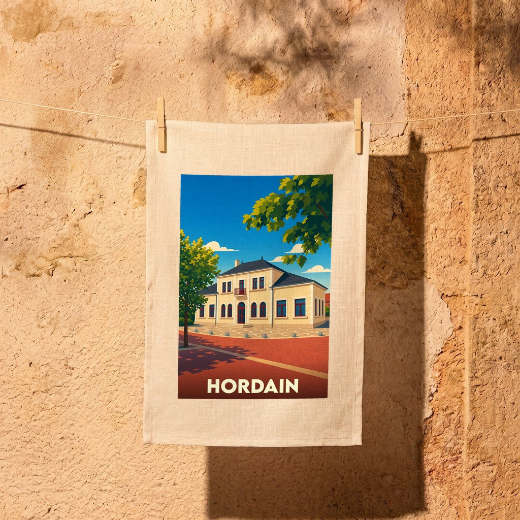 Torchon souvenir de la ville de Hordain avec une illustration stylisée.