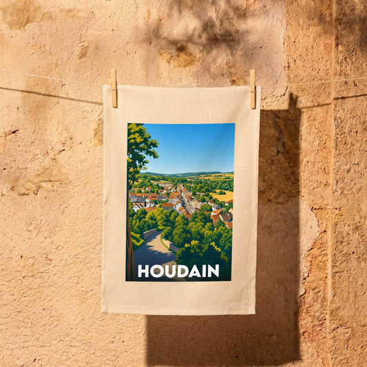 Torchon souvenir de la ville de Houdain avec une illustration stylisée.