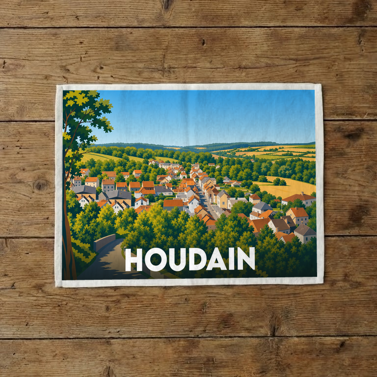 Torchon souvenir de la ville de Houdain avec une illustration stylisée d'un paysage de campagne vallonné.