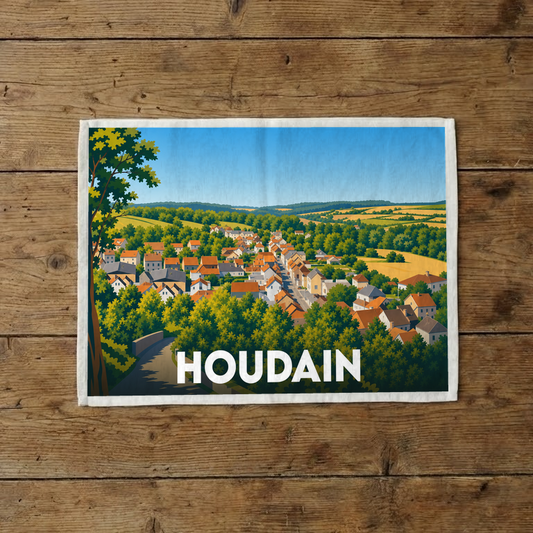 Torchon souvenir de la ville de Houdain avec une illustration stylisée d'un paysage de campagne vallonné.