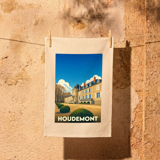 Torchon souvenir de la ville de Houdemont avec une illustration stylisée d'un château.