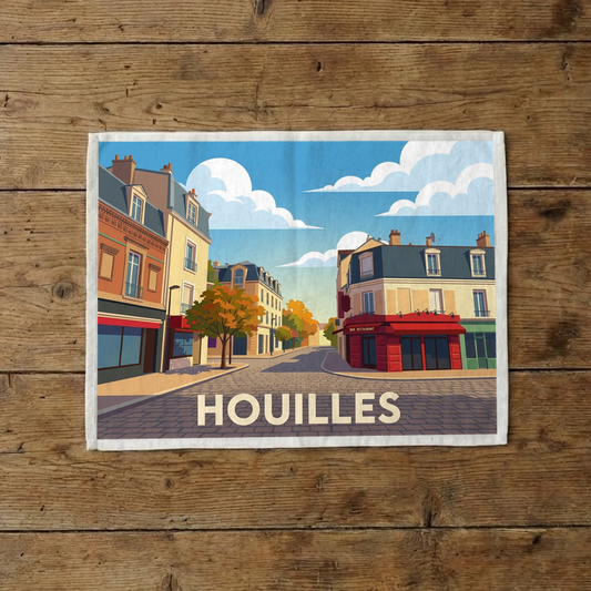 Torchon souvenir de la ville de Houilles avec une illustration stylisée.