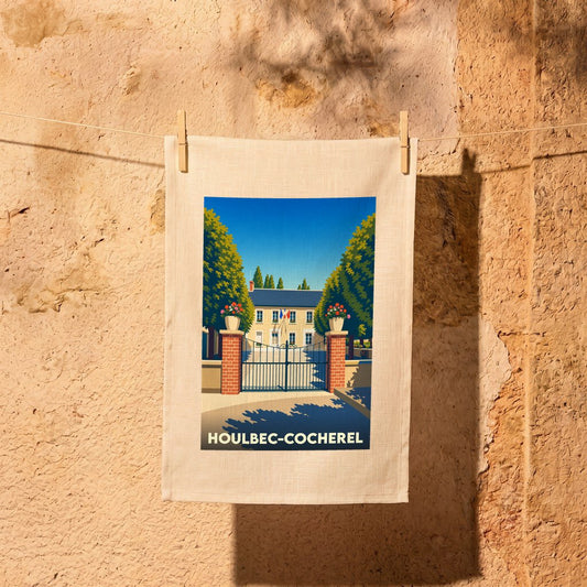 Torchon souvenir de la ville de Houlbec-Cocherel avec une illustration stylisée de sa mairie.