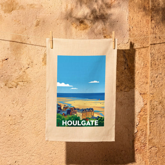 Torchon souvenir de la ville de Houlgate présentant une illustration stylisée de sa plage et de ses villas.