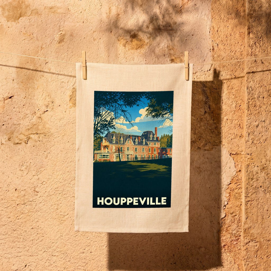 Torchon souvenir de la ville de Houppeville avec une illustration stylisée d'une grande demeure normande.