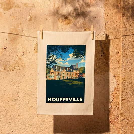 Torchon souvenir de la ville de Houppeville avec une illustration stylisée d'une grande demeure normande.