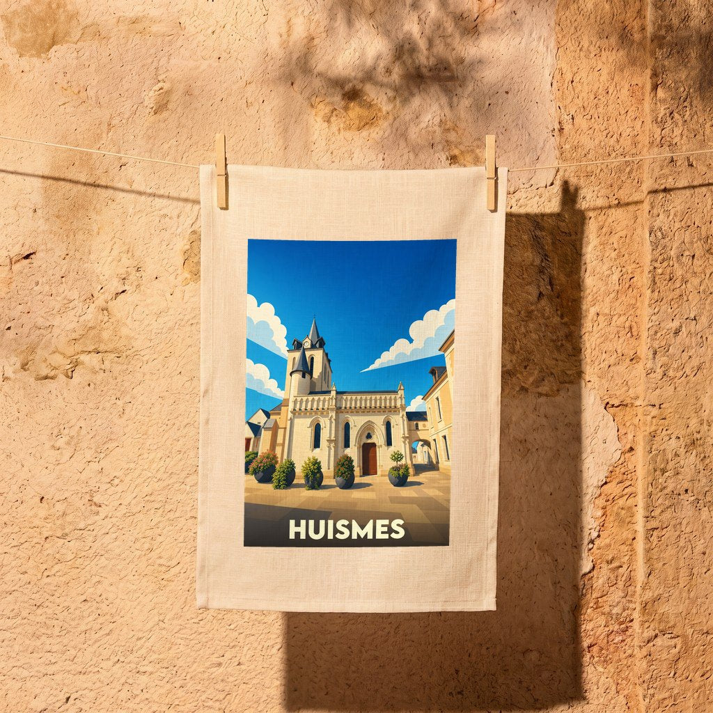 Torchon souvenir de la ville de Huismes avec une illustration stylisée de son église sous un ciel bleu.