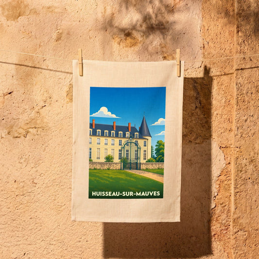 Torchon souvenir de la ville de Huisseau-sur-Mauves avec une illustration stylisée de son château.