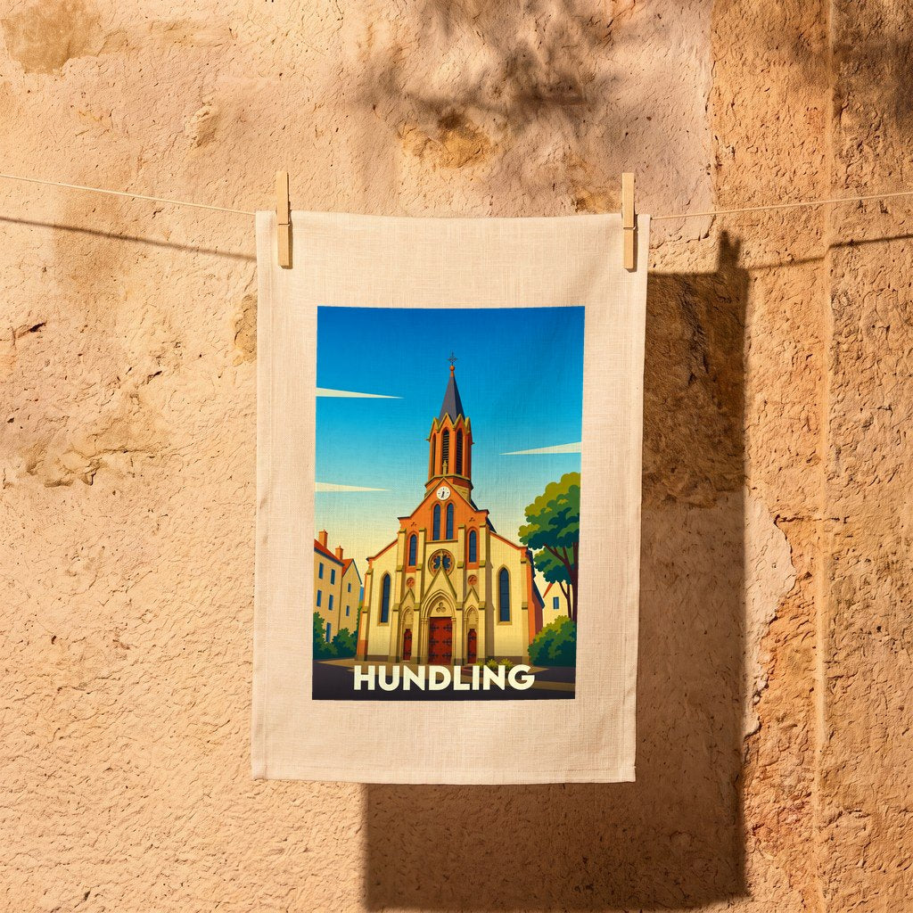 Torchon souvenir de la ville de Hundling avec une illustration stylisée de son église.