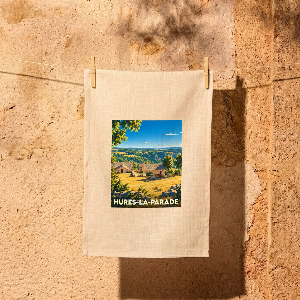 Torchon souvenir de la ville de Hures-la-Parade avec une illustration stylisée de paysages ruraux.
