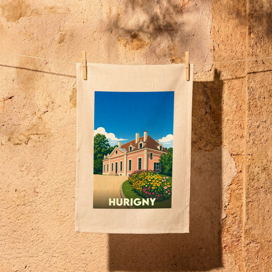 Torchon souvenir de la ville de Hurigny orné d'une illustration stylisée de son château.