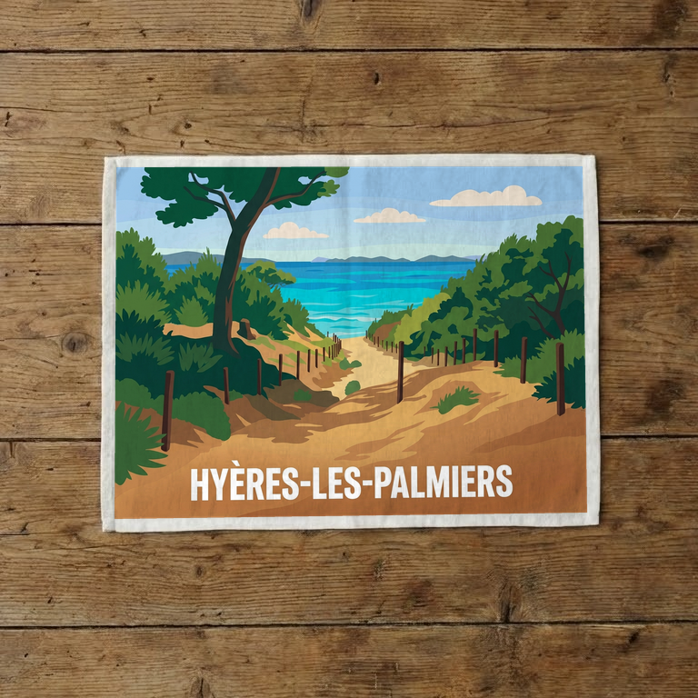 Torchon souvenir de Hyères-les-Palmiers avec une illustration stylisée d'un sentier dunaire menant à la mer.