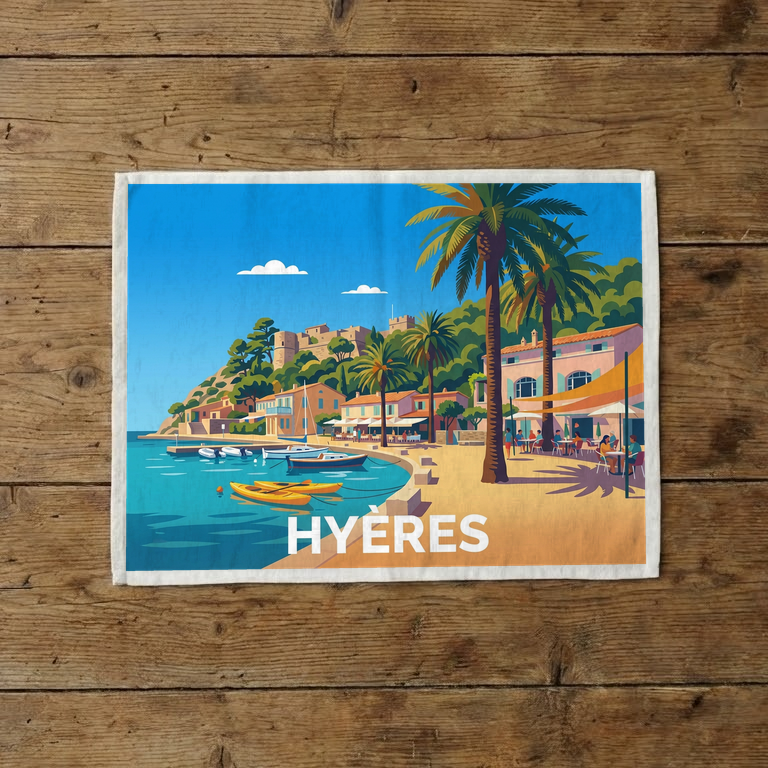 Torchon souvenir de la ville de Hyères avec une illustration stylisée de son bord de mer ensoleillé.
