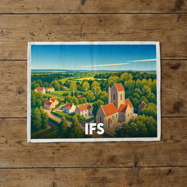 Torchon souvenir de la ville d'Ifs avec une illustration stylisée d'un village verdoyant et de son église.