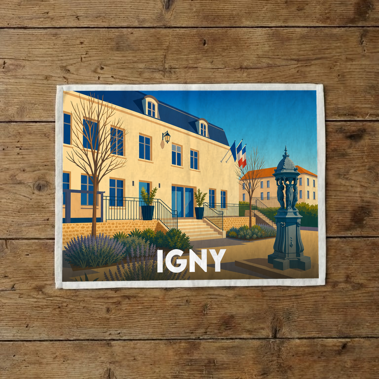 Torchon souvenir de la ville d'Igny illustrant l'hôtel de ville et sa fontaine dans un style graphique épuré.