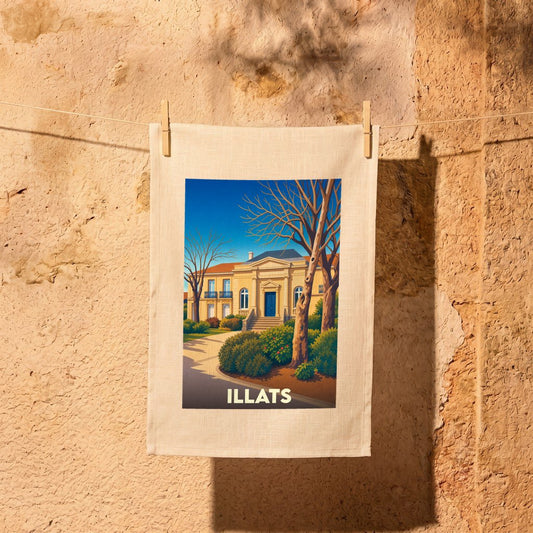 Torchon souvenir de la ville de Illats avec une illustration stylisée.