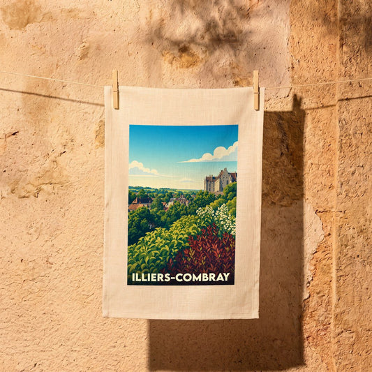 Torchon souvenir de la ville d'Illiers-Combray orné d'une illustration paysagère stylisée.