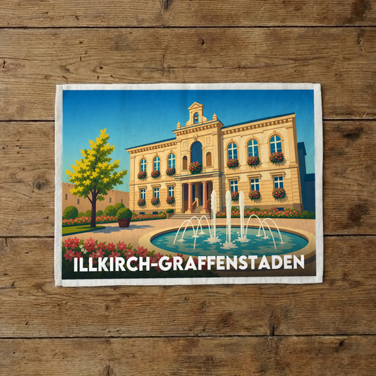 Torchon souvenir de la ville d'Illkirch-Graffenstaden avec une illustration stylisée de son hôtel de ville et d'une fontaine.