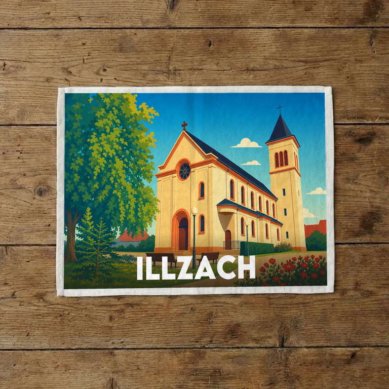 Torchon souvenir de la ville d'Illzach avec une illustration stylisée de son église.