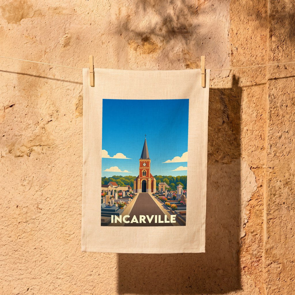 Torchon souvenir de la ville d'Incarville orné d'une illustration stylisée de son église et de son cimetière.