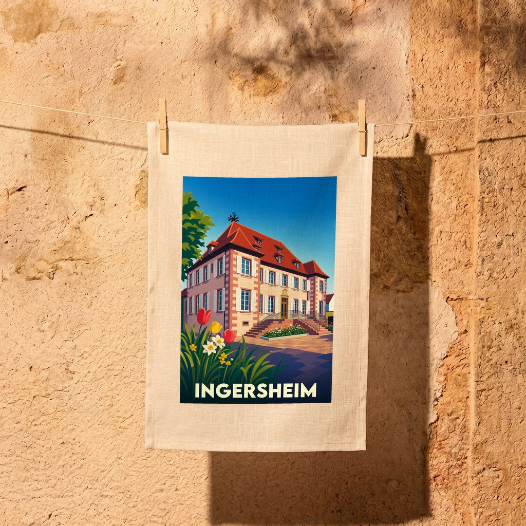 Torchon souvenir de la ville de Ingersheim avec une illustration stylisée d'un bâtiment historique.