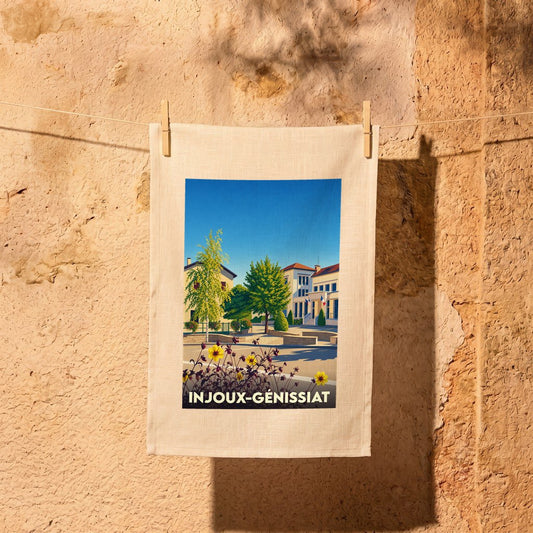 Torchon souvenir de la ville d'Injoux-Génissiat avec une illustration colorée et stylisée de ses bâtiments et paysages.