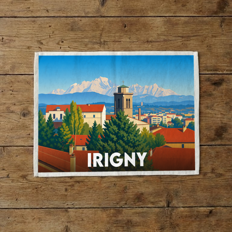 Torchon souvenir de la ville d'Irigny avec une illustration stylisée représentant ses toits rouges et les Alpes en arrière-plan.