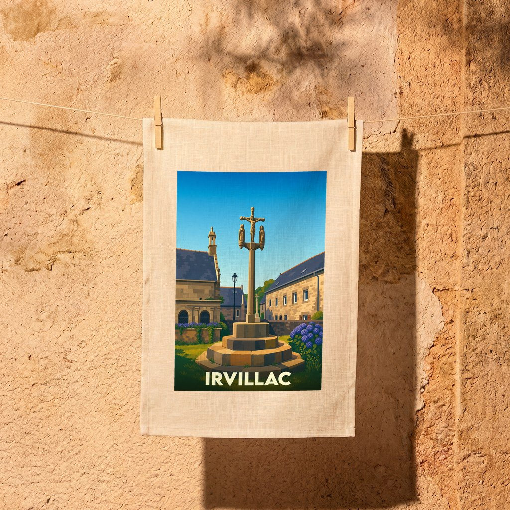 Torchon souvenir de la ville d'Irvillac avec une illustration stylisée de son calvaire.