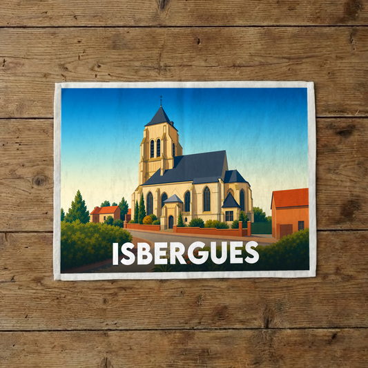 Torchon souvenir de la ville de Isbergues orné d'une illustration stylisée de son église.